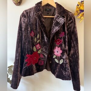 Jôn Women's Velvet Jacket with Floral Embroidery - Brown and Pink size 8
